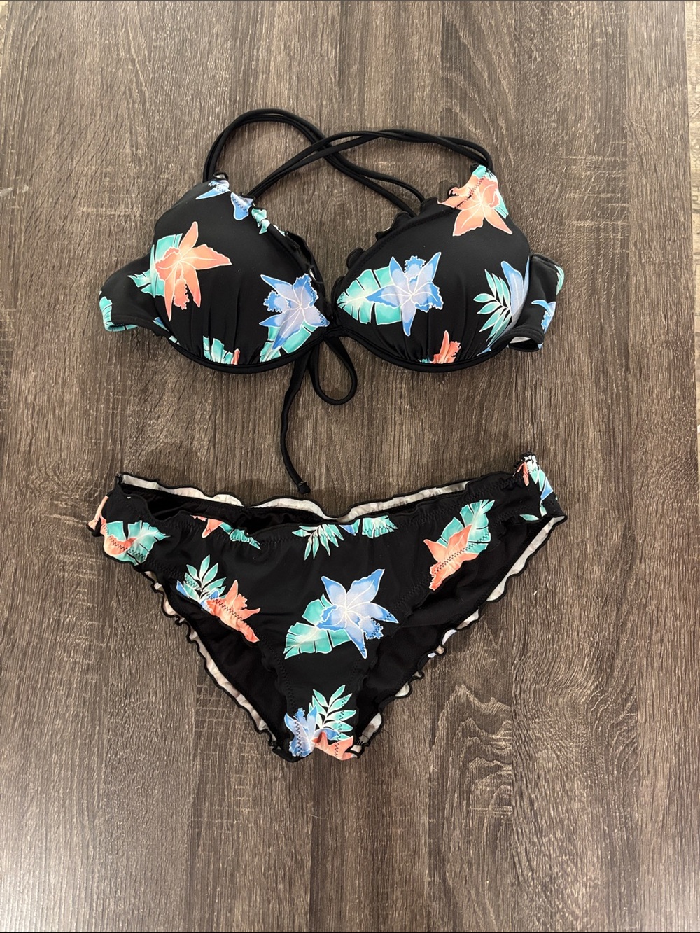 Dillards-CoCo Rave-  Push-Up Bikini Set with Coral & Aqua Blooms